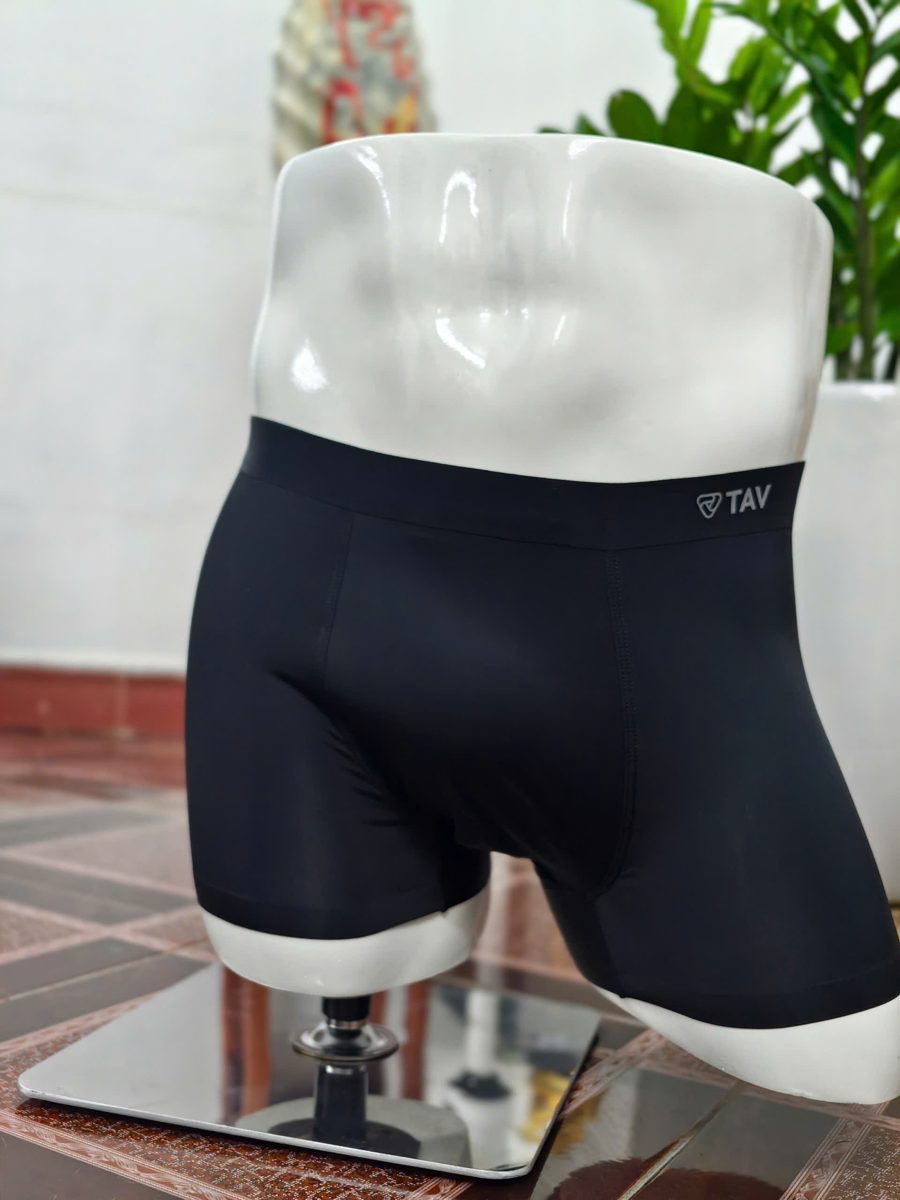 TAV men's bonded trunk in black on a mannequin, no visible side seams