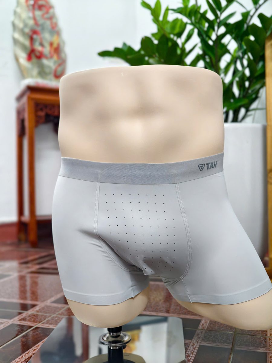 TAV men's seamless bonded trunk in grey with micro-perforated vent panel and TAV logo waistband