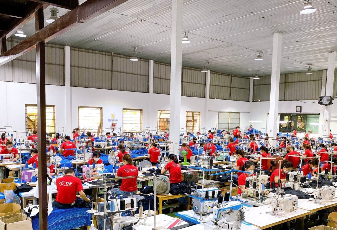 Sewing lines on the production floor of TAV Factory 1, a seamless and bonded garment factory in Bac Ninh, Vietnam